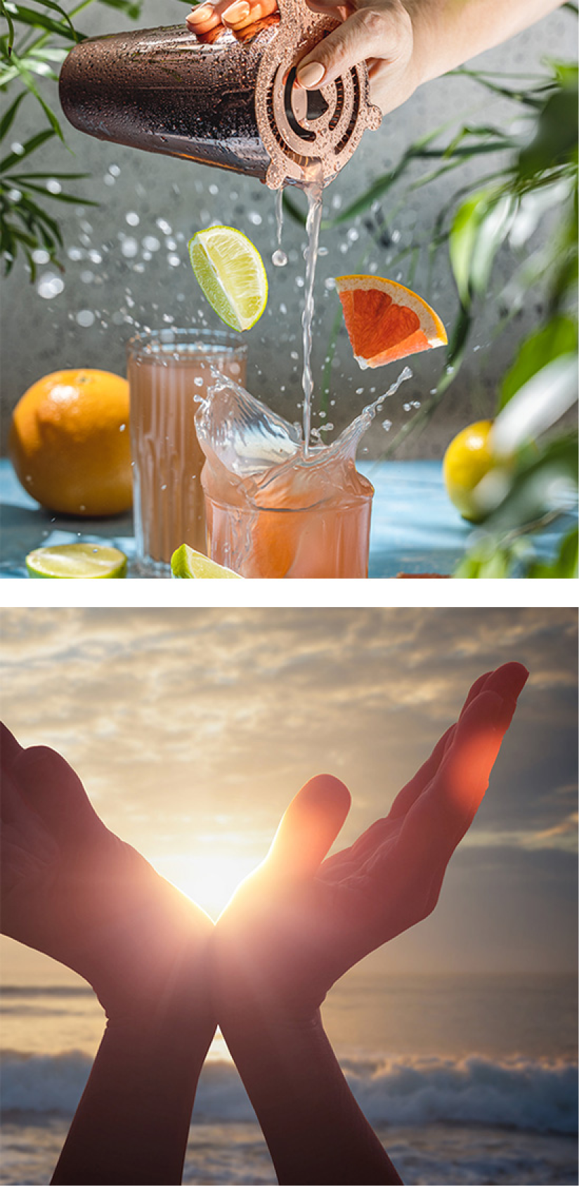 cocktails and sun in hands. sustainability. products.